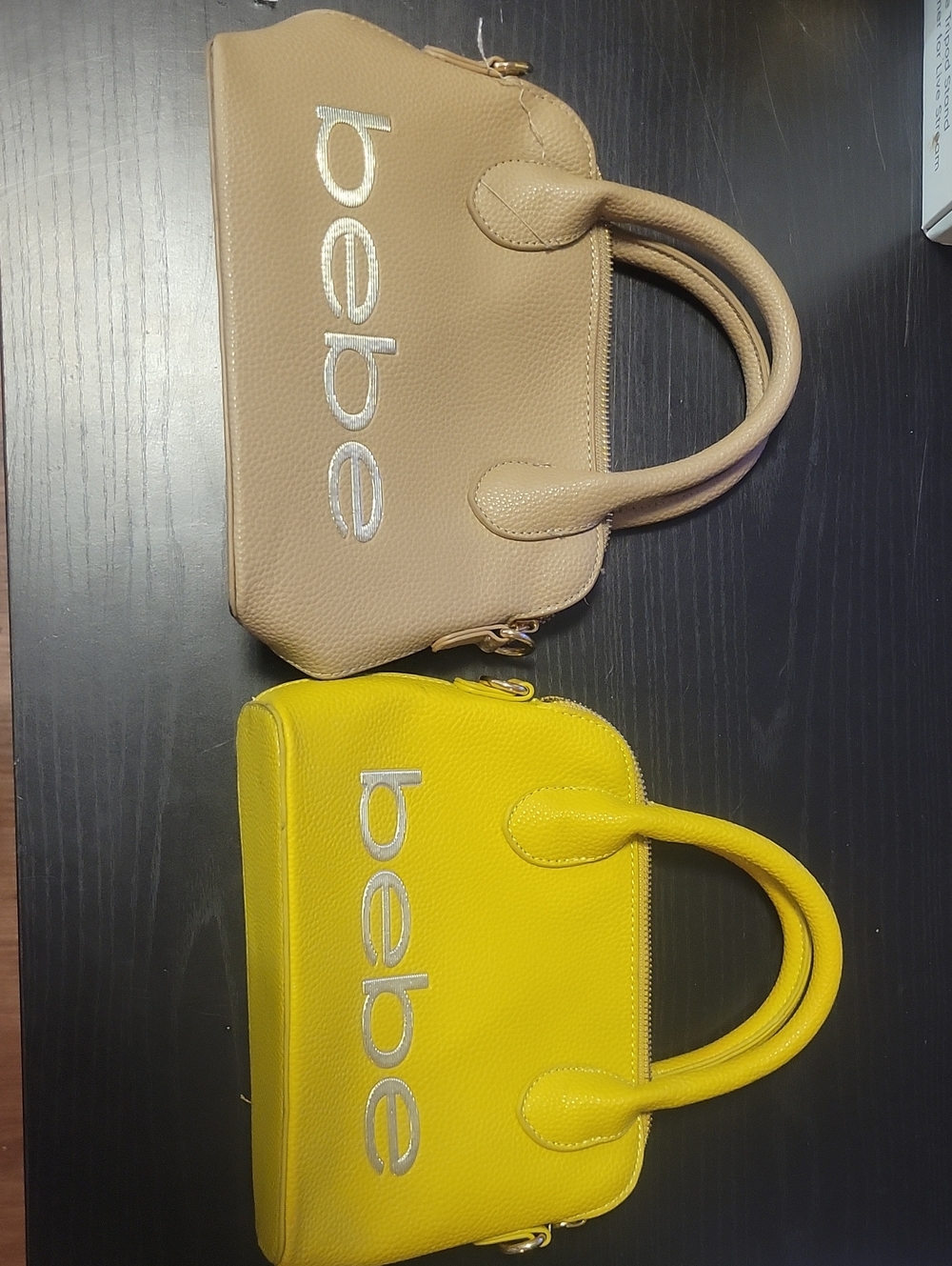 bebe Yellow and Tan Pebbled Leather Satchels with Silver Logo